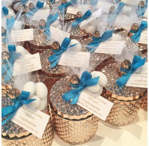 Rose gold glass candle with sugared almonds bonbonniere 